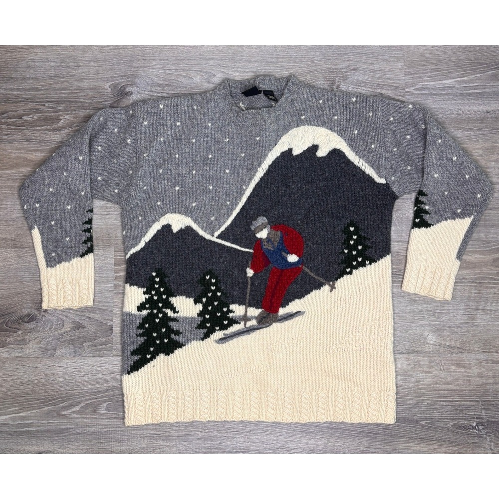 Maurices Vintage 100% Shetland Wool Skier Mountain Scene Sweater Grey Cream M